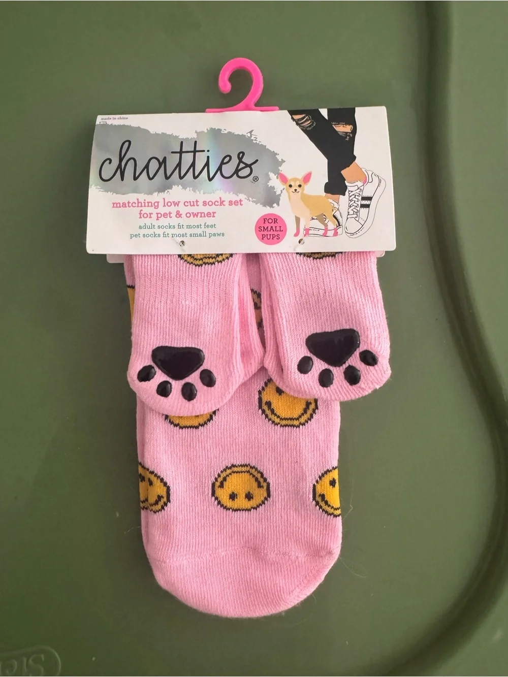 chatties Pink Smiley Face Low Cut Dog Socks with Black Paw Grips